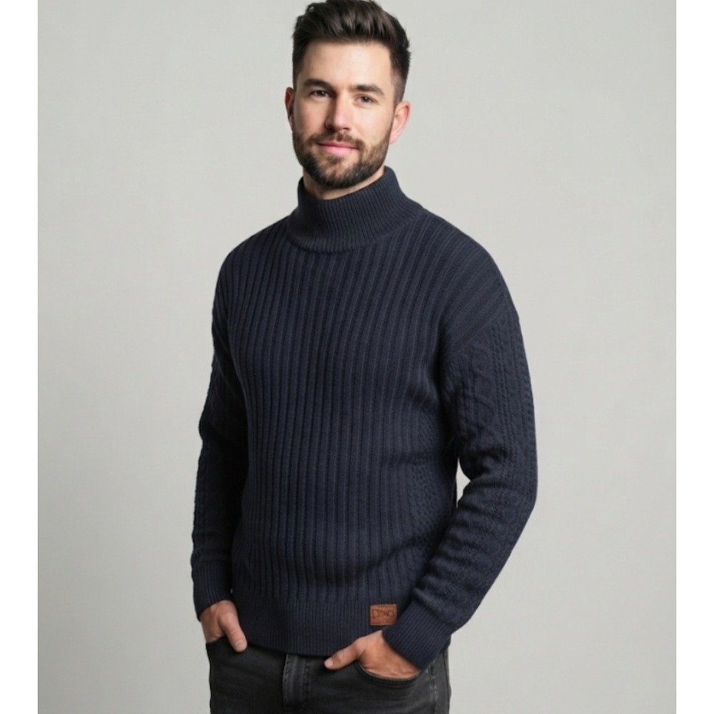 Kimes Ranch Mens Mock Neck Ribbed‎ Knit Sweater Navy Blue Large Logo Patch